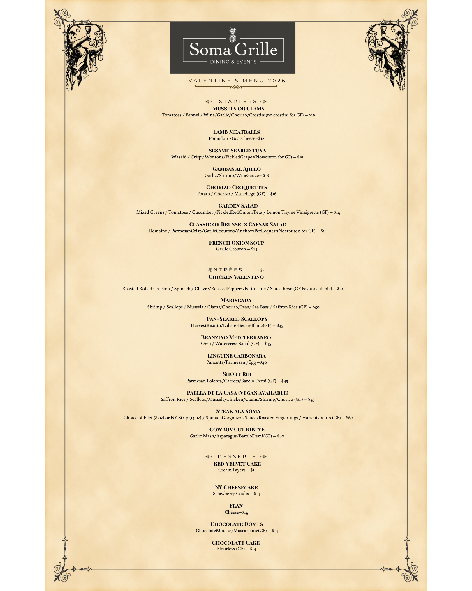 Menu Valentines 2026